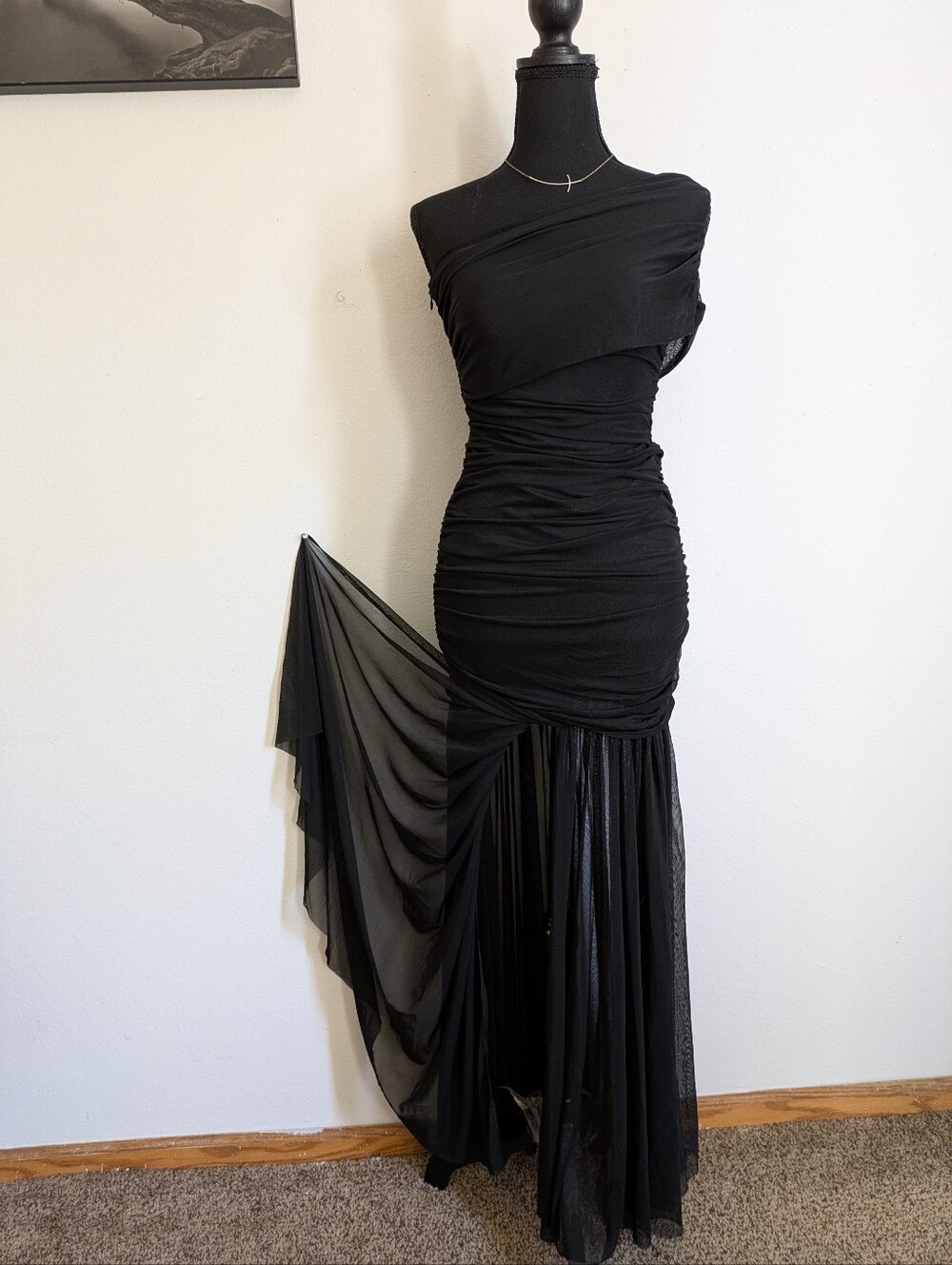 Elegant Black Mesh Ruched One-Shoulder Maxi Dress Gown - Size S